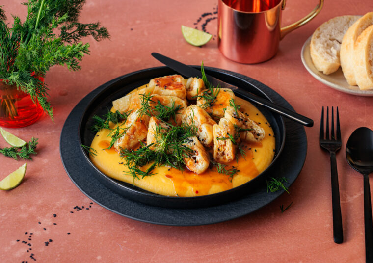 Karotten-Mus mit frittiertem Tofu